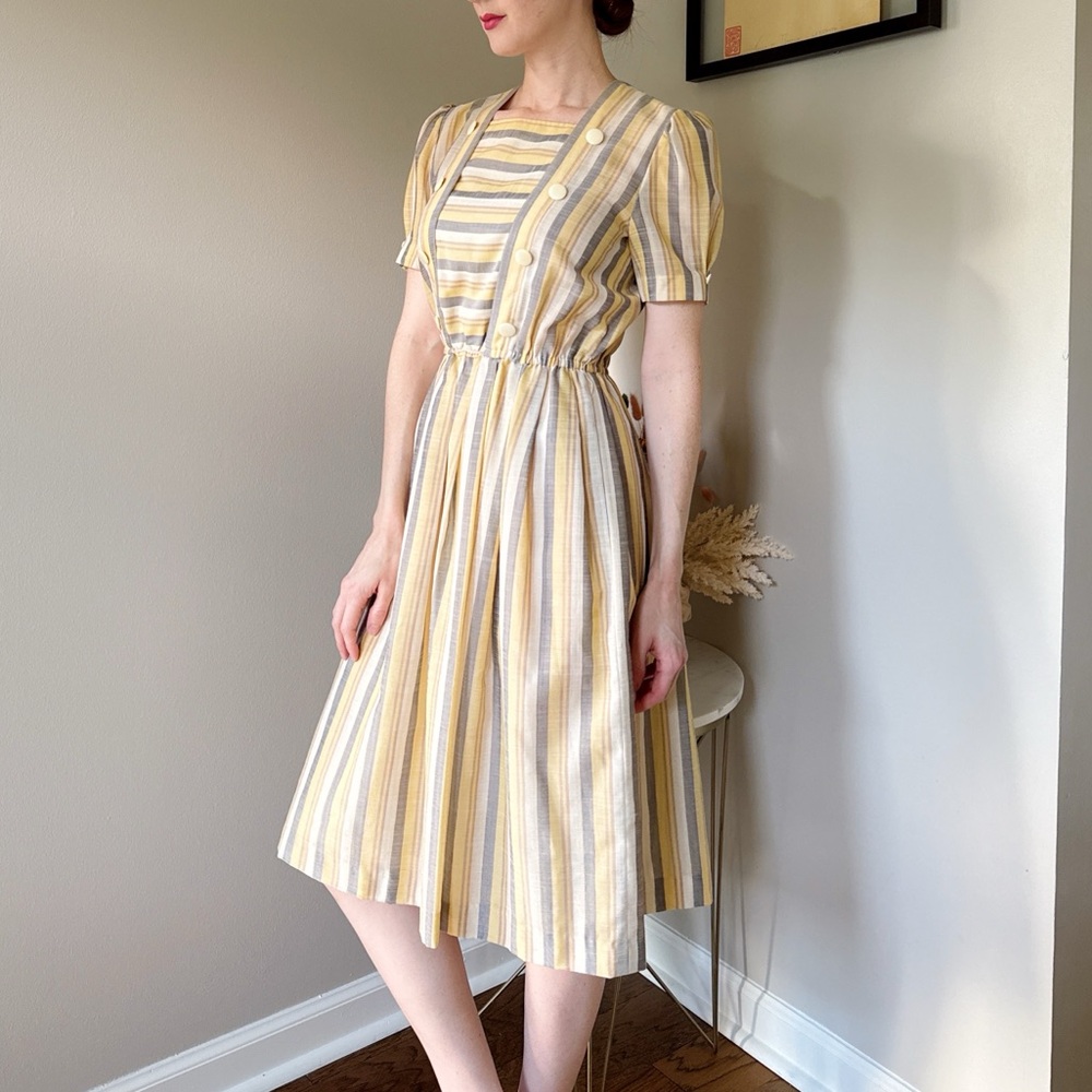 Vintage Striped Yellow and Gray Summer Dress - Picture 2 of 11
